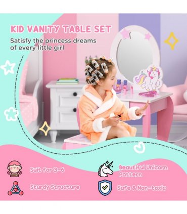 Kids Dressing Table, Girls Vanity Set w/ Mirror and Stool, Unicorn-Designed