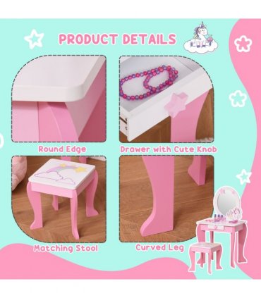 Kids Dressing Table, Girls Vanity Set w/ Mirror and Stool, Unicorn-Designed