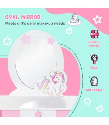Kids Dressing Table, Girls Vanity Set w/ Mirror and Stool, Unicorn-Designed