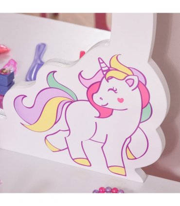 Kids Dressing Table, Girls Vanity Set w/ Mirror and Stool, Unicorn-Designed