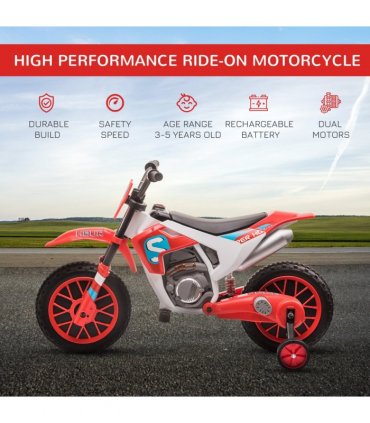 Kids Motorbike Electric Ride-On Toy w/ Training Wheels, for 3-5 Years - Red