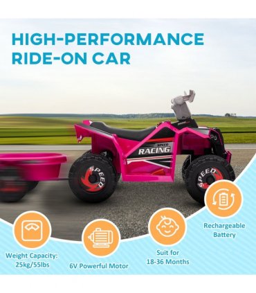 Electric Quad Bike 6V Kids Ride On ATV w/ Back Trailer for 18-36 Months - Pink