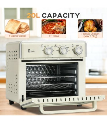 Toaster Oven - Cream 20L 90-230℃ 7 Functions Air Fry Timer Light Pan Tray Shelf