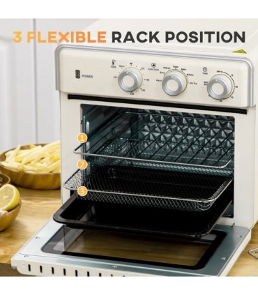 Toaster Oven - Cream 20L 90-230℃ 7 Functions Air Fry Timer Light Pan Tray Shelf