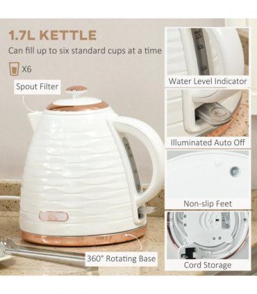 HOMCOM Kettle and Toaster Set 1.7L Rapid Boil Kettle & 4 Slice Toaster White
