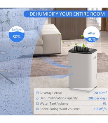 HOMCOM 20L/Day 6L Dehumidifier, Portable Quiet Air Dehumidifier for Laundry
