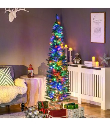 HOMCOM 6ft Artificial Pencil Christmas Tree with Colourful Lights, Steel Base