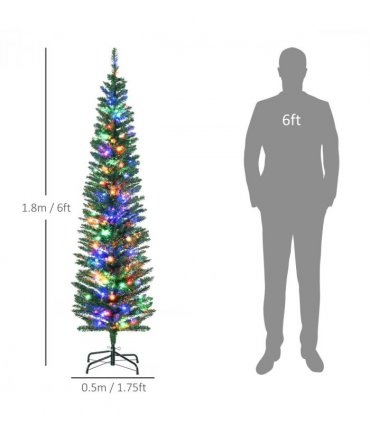 HOMCOM 6ft Artificial Pencil Christmas Tree with Colourful Lights, Steel Base