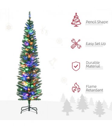 HOMCOM 6ft Artificial Pencil Christmas Tree with Colourful Lights, Steel Base