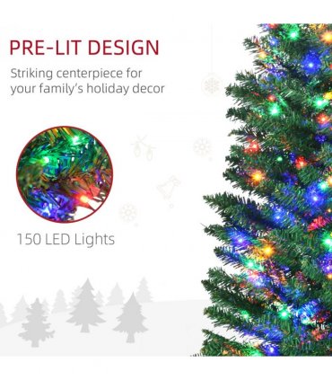 HOMCOM 6ft Artificial Pencil Christmas Tree with Colourful Lights, Steel Base