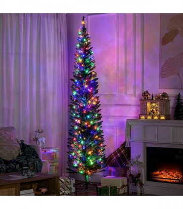 HOMCOM 7.5ft Artificial Pencil Christmas Tree with Colourful Lights, Steel Base
