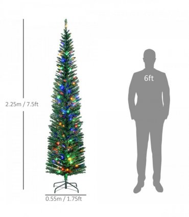HOMCOM 7.5ft Artificial Pencil Christmas Tree with Colourful Lights, Steel Base