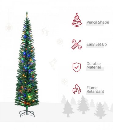 HOMCOM 7.5ft Artificial Pencil Christmas Tree with Colourful Lights, Steel Base