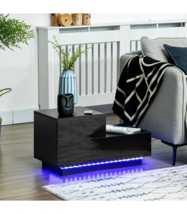HOMCOM High Gloss Front Bedside Table Nightstand with LED Light Remote Black