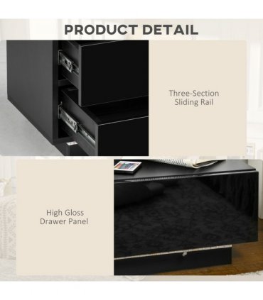 HOMCOM High Gloss Front Bedside Table Nightstand with LED Light Remote Black
