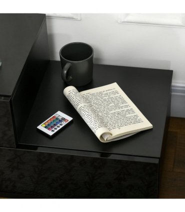 HOMCOM High Gloss Front Bedside Table Nightstand with LED Light Remote Black