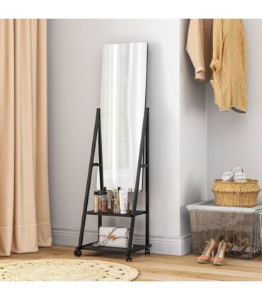 HOMCOM Movable Full Length Mirror Adjustable Full Body Mirror with 2 Shelves