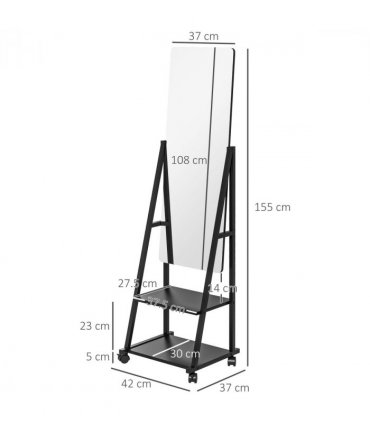 HOMCOM Movable Full Length Mirror Adjustable Full Body Mirror with 2 Shelves