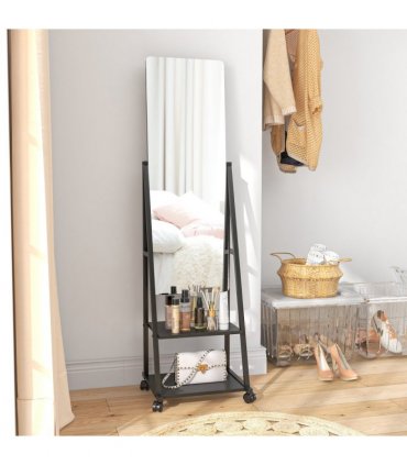 HOMCOM Movable Full Length Mirror Adjustable Full Body Mirror with 2 Shelves