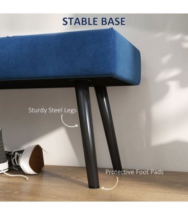 Bed-End Bench Blue Velvet Upholstery Steel Legs 100L x 36W x 45H cm Comfortable
