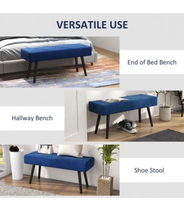 Bed-End Bench Blue Velvet Upholstery Steel Legs 100L x 36W x 45H cm Comfortable
