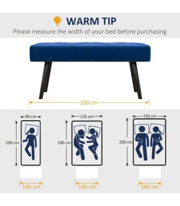 Bed-End Bench Blue Velvet Upholstery Steel Legs 100L x 36W x 45H cm Comfortable