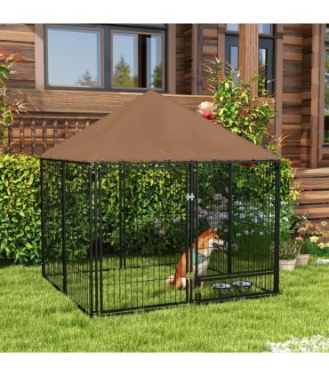 Outdoor Dog House Kennel with Canopy Top & Secure Lock Rotating Bowl Holder