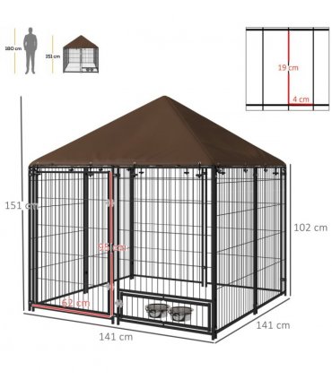 Outdoor Dog House Kennel with Canopy Top & Secure Lock Rotating Bowl Holder