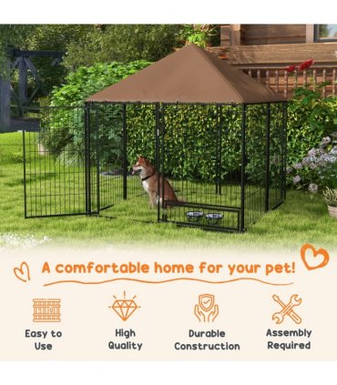 Outdoor Dog House Kennel with Canopy Top & Secure Lock Rotating Bowl Holder