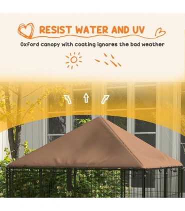 Outdoor Dog House Kennel with Canopy Top & Secure Lock Rotating Bowl Holder