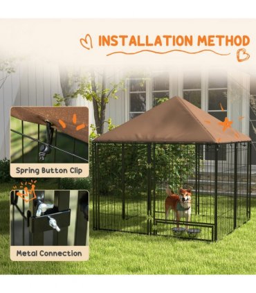 Outdoor Dog House Kennel with Canopy Top & Secure Lock Rotating Bowl Holder
