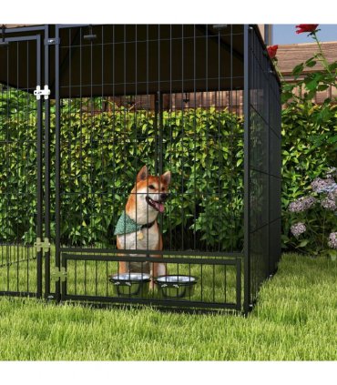 Outdoor Dog House Kennel with Canopy Top & Secure Lock Rotating Bowl Holder