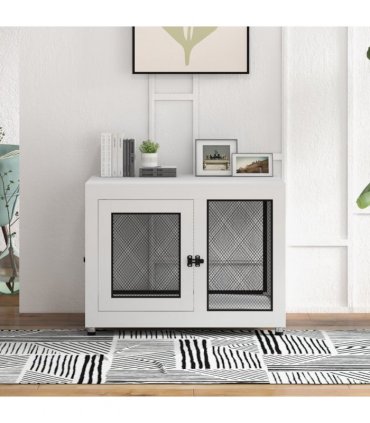 Dog Kennel Furniture End Table w/ Two Doors, Soft Cushion for Large, Medium Dogs