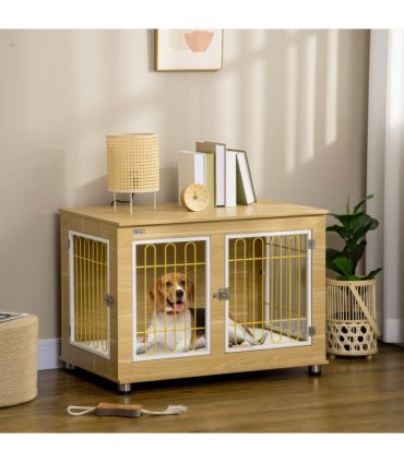 Dog Crate Furniture End Table Soft Cushion Double Door Oak-tone Beige Steel