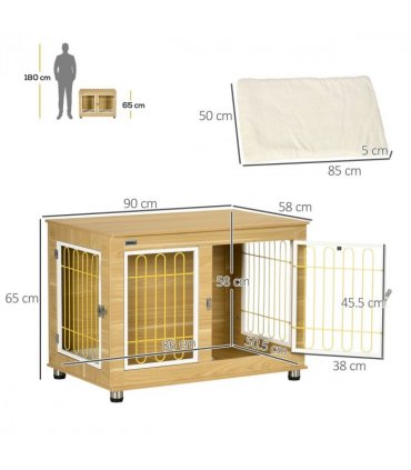Dog Crate Furniture End Table Soft Cushion Double Door Oak-tone Beige Steel