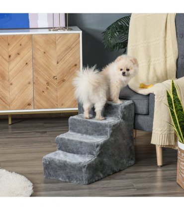 Portable Dog Stairs with Washable Plush Cover, Light Grey, 60L x 35W x 44H cm