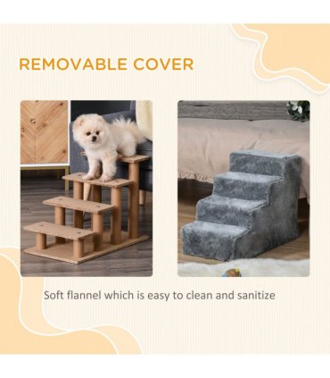 Portable Dog Stairs with Washable Plush Cover, Light Grey, 60L x 35W x 44H cm