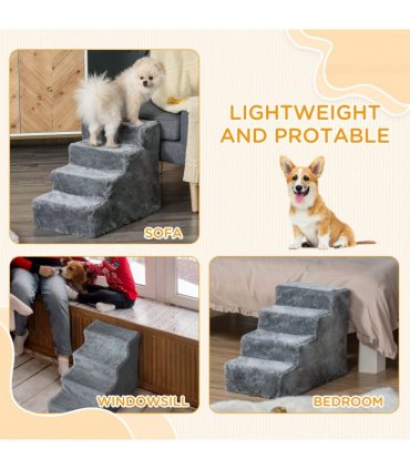 Portable Dog Stairs with Washable Plush Cover, Light Grey, 60L x 35W x 44H cm