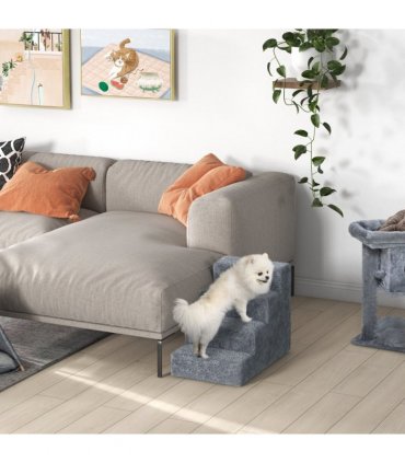 Portable Dog Stairs with Washable Plush Cover, Light Grey, 60L x 35W x 44H cm