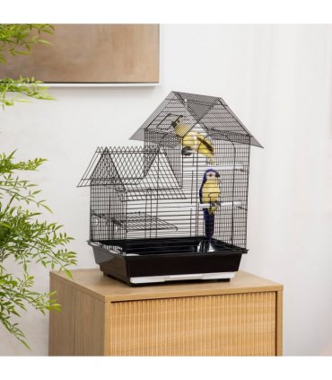 Bird Cage - Black Steel Plastic 39L x 33W x 47H cm Metal Bird w/ Plastic Perch