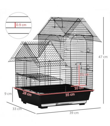 Bird Cage - Black Steel Plastic 39L x 33W x 47H cm Metal Bird w/ Plastic Perch