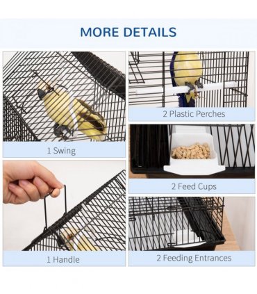 Bird Cage - Black Steel Plastic 39L x 33W x 47H cm Metal Bird w/ Plastic Perch