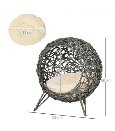 Rattan Elevated Cat House Kitten Basket Pet Bed w/ Cushion - Silver-Tone, Grey