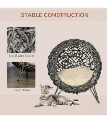 Rattan Elevated Cat House Kitten Basket Pet Bed w/ Cushion - Silver-Tone, Grey