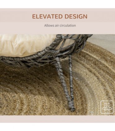 Rattan Elevated Cat House Kitten Basket Pet Bed w/ Cushion - Silver-Tone, Grey