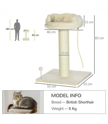 Cat Tree for Indoor Cats w/ Sisal Scratching Post, Spacious Kitten Bed - Cream