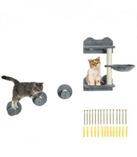 Cat Shelf with Scratching Post, Wall-Mounted Cat Tree for Indoor Cat - Grey