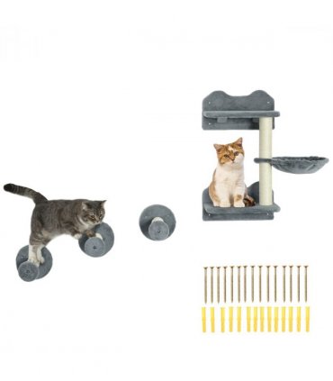 Cat Shelf with Scratching Post, Wall-Mounted Cat Tree for Indoor Cat - Grey
