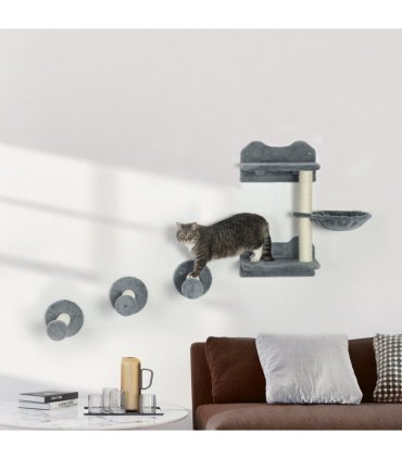 Cat Shelf with Scratching Post, Wall-Mounted Cat Tree for Indoor Cat - Grey