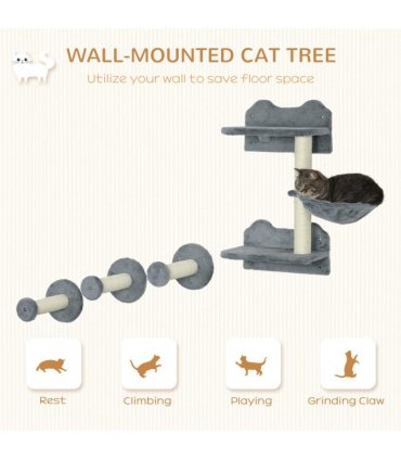 Cat Shelf with Scratching Post, Wall-Mounted Cat Tree for Indoor Cat - Grey
